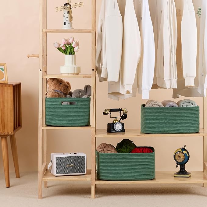 MiniArk Large Storage Baskets for Shelves, 17 x 13 x 7.5” Closet Organizers Bins for Clothes Blanket Towels, Baby Nursery, Toy Baskets Box, Woven Rope Baskets, 2 Packs Green - Image 3
