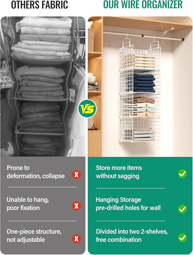 Hanging Closet Organizer, 4 Tier Metal Closet Organizers and Storage with 4 Hanging Hooks 4 S-Hooks for Wardrobe Laundry Room, Wire Storage Shelf for Clothes Sweaters Pants (White) - Image 5