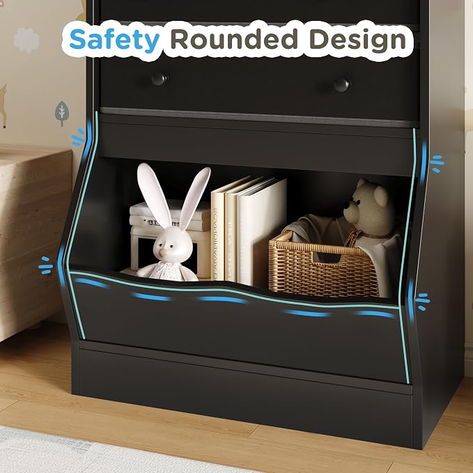 MHOM Toy Storage Organizer with Open Cube, Kids Bookshelf and Toy Storage with PU & Non-Woven Fabric Drawers, Small Book Shelf for Kids Rooms, Playroom and Nursery, Black - Image 7