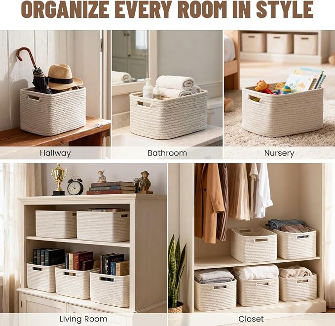 5 Pack Woven Storage Baskets, Decorative Storage Bins for Organizing | 13.8'' × 9.8'' × 7.9'', Soft Cotton Rope Basket Organizer for Closet, Shelves, bathroom, Nursery, Toys, Books, Pantry, White - Image 4
