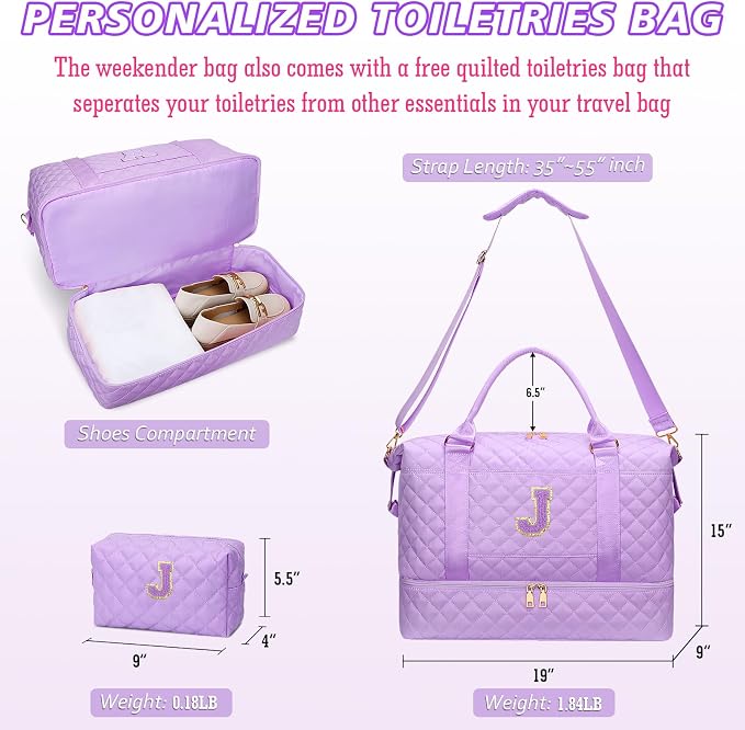 Personalized Gifts Spend The Night Bags for Women(Purple,J) | Birthday Gifts for Girls-Overnight Bags with Makeup Bag-Weekend Bags with Shoe Compartment - Image 7