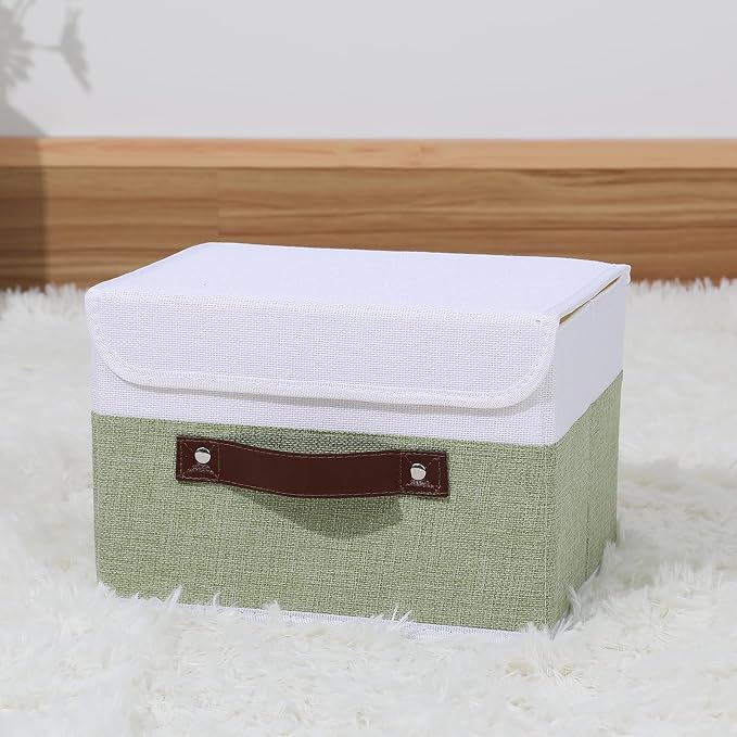 ANMINY Fabric Storage Box Bins with Lids, Green White, 10"x8"x7" | Keepsake Memory Storage, Cotton Linen, PP Board Reinforced, Washable, PU Handles, Foldable & Stackable, Decorative, Small - Image 6