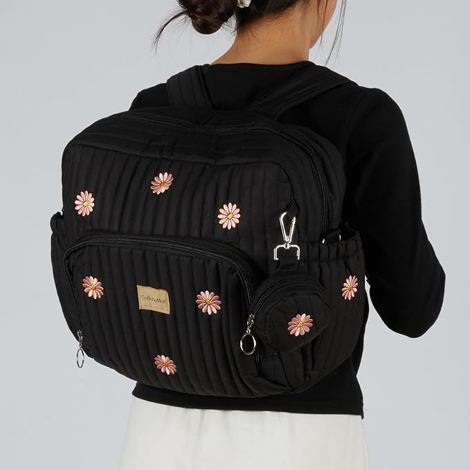 Diaper Bag Backpack with Changing Pad - Travel Baby Bag, Insulated Bottle Pockets, Stroller Straps (Medium - Black Flowers) - Image 5