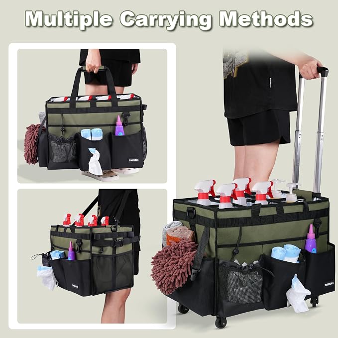 Extra-Large Rolling Cleaning Caddy with Wheels,Cleaning Caddy Bag with Detachable Trolley,Water Resistant Lining Cleaning Supply Organizer with Handle for Cleaners,Housekeepers (Army Green) - Image 4