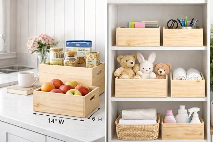 Unfinished Wooden Crates 4 Pack - Nesting Pine Wood Boxes with Handles | Decorative Storage Boxes for Crafts, DIY, Farmhouse Decor, Kitchen, Pantry Display - Stackable Graduated Sizes, Oojami - Image 4