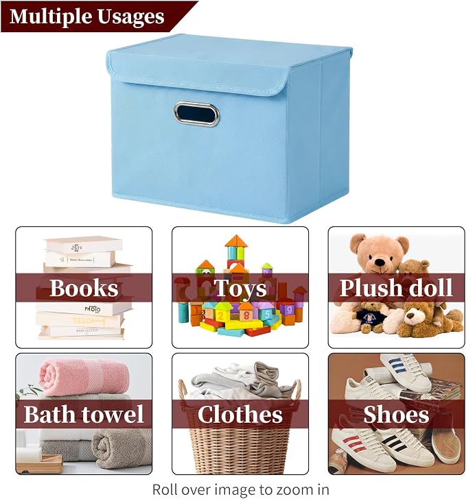 STOREONE Fabric Storage Cube Bins Foldable Organizer Container Collapsible Basket with Lids and Metal Handles, for Home, Bedroom, Closet 3 Pcs (multicolour-blue) - Image 3
