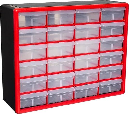 Akro-Mils 24-Drawer Plastic Storage Cabinet, 20"W x 6"D x 16"H, Red | Plastic Cabinet w/ Drawers for Garage Organization, Beads, Building Bricks Storage, Teacher Toolbox, Makeup Organizer, 10124 by Akro-Mils