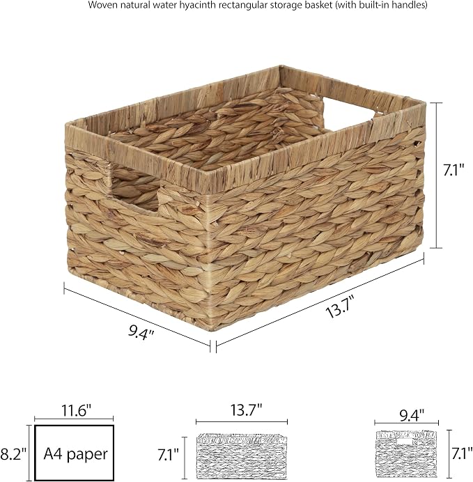 Storage Container, Natural Water Hyacinth Storage Bins Rectangular Basket,Arts and Crafts. | Natural Rectangular Basket Decorative Organizer Basket for Bathroom, Bedroom, Closet, Handwoven Home Storage - Image 9