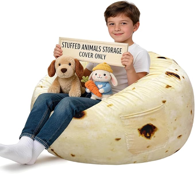 Lukeight Stuffed Animal Storage Bean Bag Chair Cover for Kids, Velvet Plush Toy Organizer Seat, Cover Only, No Filling Included, Long YKK Zipper, Side Pocket, X-Large 30"D x 18"H by Lukeight
