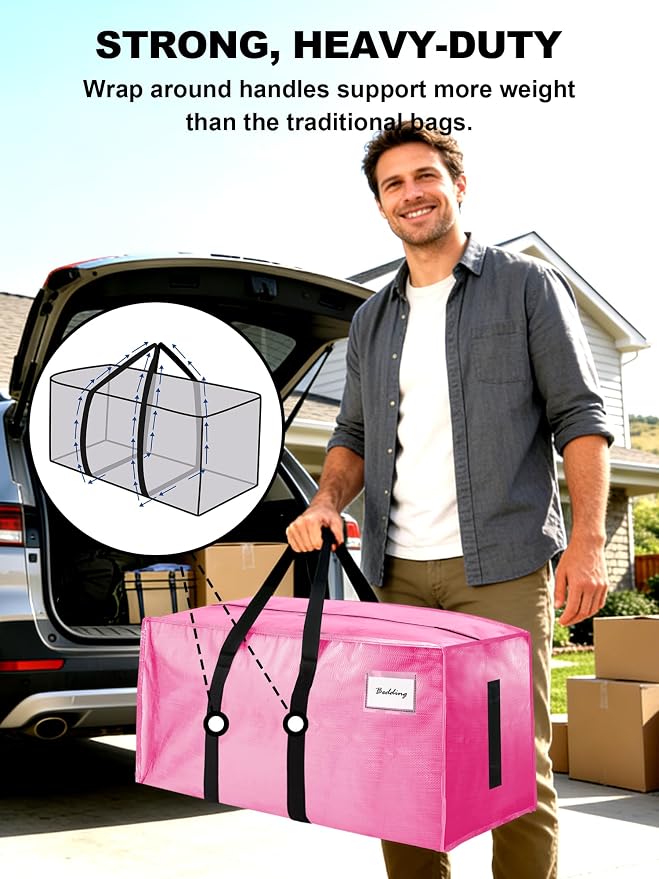 HOMESURE Supports 200lbs Heavy Duty Moving Bags - Strong Zipper & Wrap-Around Handles - Water-Resistant Storage Totes, Durable Alternative to Moving Boxes - 40 Pack - Pink - Image 2