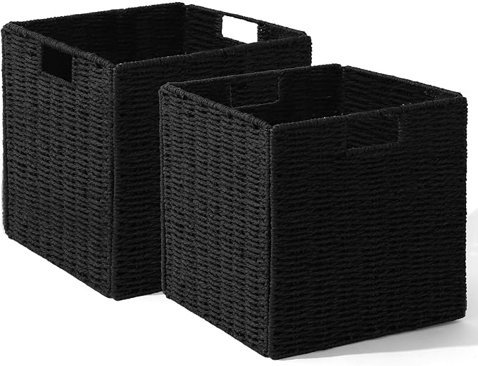 Set of 2 Hand-Woven Paper Rope Wicker Baskets,12x12x12in Storage Basket, Foldable Cube Storage Bins, Black Storage Cubes, Square Baskets for Organizing Shelves Decor by WickerStorageBaskets
