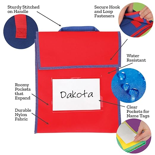 Really Good Stuff-666029 Store More Large Book Pouches – Send Home Books and Homework in Durable Fabric Book Bag – Stitched-On Handle, Clear Name Tag Pocket, Primary Colors, 12”x1”x15” (Set of 4) | Stitched-on Handle, Clear Name Tag Pocket, Durable Fab... - Image 2