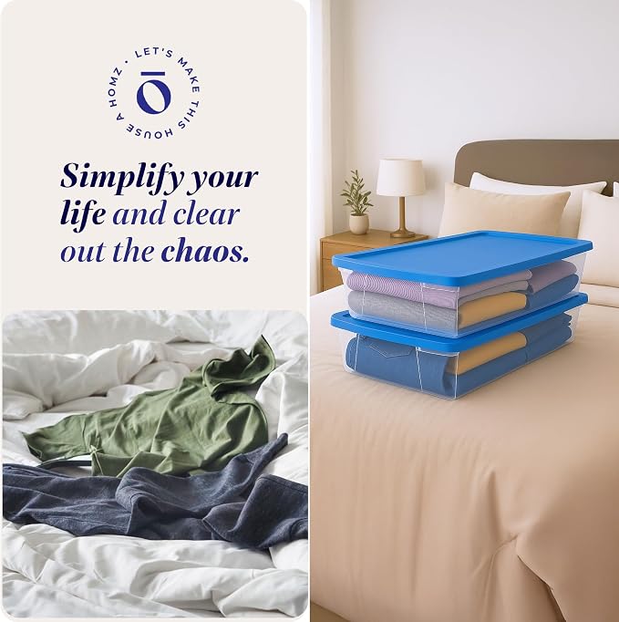 HOMZ 2-Pack Snaplock, Large Clear Plastic Storage Organizer Bins w/Lids, 41 Quart, Blue - Stackable Container Boxes for Bedroom, Bathroom, Garage, and Office Organization - Image 6
