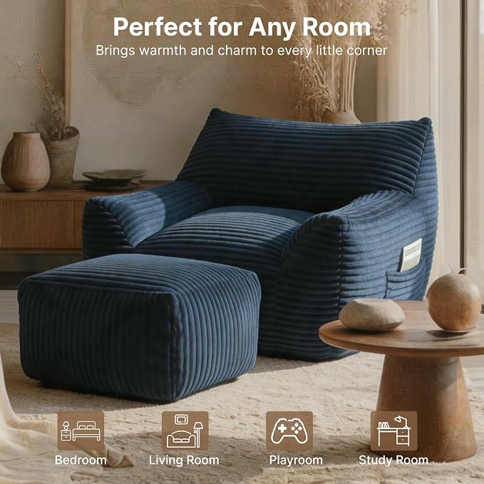 Oversized Bean Bag Chair with Ottoman, Bean Bag Couch with 2 Side Pockets, Corduroy Boneless Couch Chair in a Box, Comfy Lounge Chair for Living Room, Bedroom, Dorm, Blue - Image 7