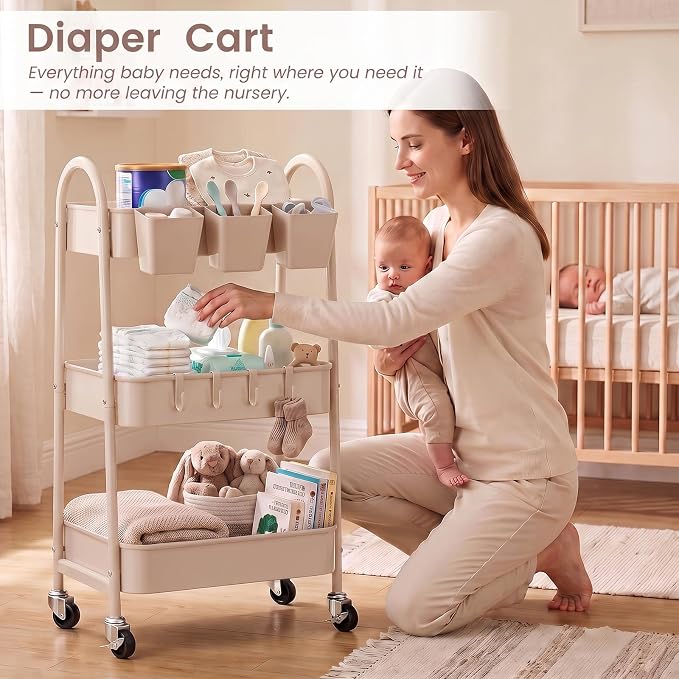 danpinera 3-Tier Rolling Cart, Utility Cart Mobile Metal Rolling Storage Cart with Lockable Wheels & Hanging Cups & Hooks for Kitchen, Bathroom, Office, Workshop, Beige - Image 7