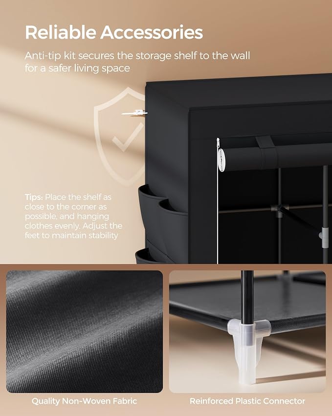 SONGMICS Portable Closet, Wardrobe Closet Organizer with Cover, 4 Hanging Rods and Shelves, 4 Side Pockets, 17.7 x 66.9 x 65.7 Inches, Large Capacity for Bedroom, Living Room, Ink Black URYG094B02 - Image 7