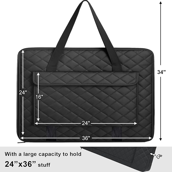 JJRING 24x36 Quilting Canvas Art Portfolio Case Bag, Black | Lightweight Portable Storage Case For Posters, Artwork, Drawing & Sketching Boards - Image 2