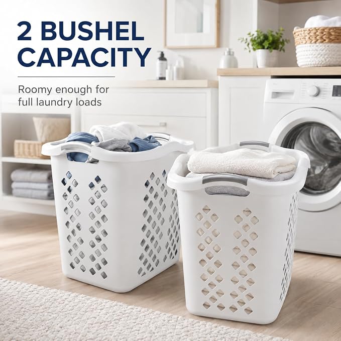 Laundry Basket 2 Pack 2 Bushel Plastic with Handles White | Wide Base and Tall Sides – Stays upright when full. Fits closets and on top of machines. Also organizes toys and sports gear. - Image 7