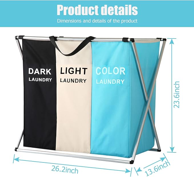 Laundry Cloth Hamper Sorter Basket Bin Foldable 3 Sections with Aluminum Frame 26InIn×24InInH Washing Storage Dirty Clothes Bag (3 Liner, Black + white + sky blue) - Image 2