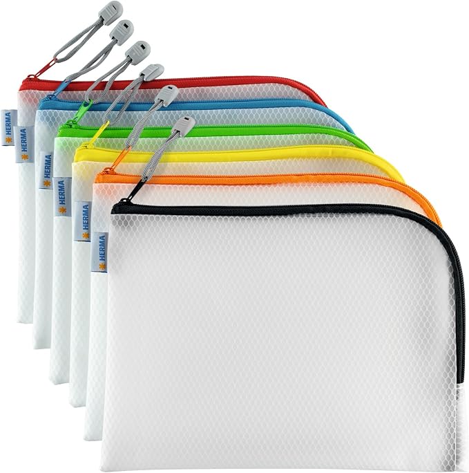 Herma 20007 Zip Toiletry Bag A5, Pack of 10, transparent (26 x 20 cm) small zippered travel pouch for cosmetics, liquids, make-up, toothbrush, clear cosmetic bag with zipper, assorted colours by HERMA