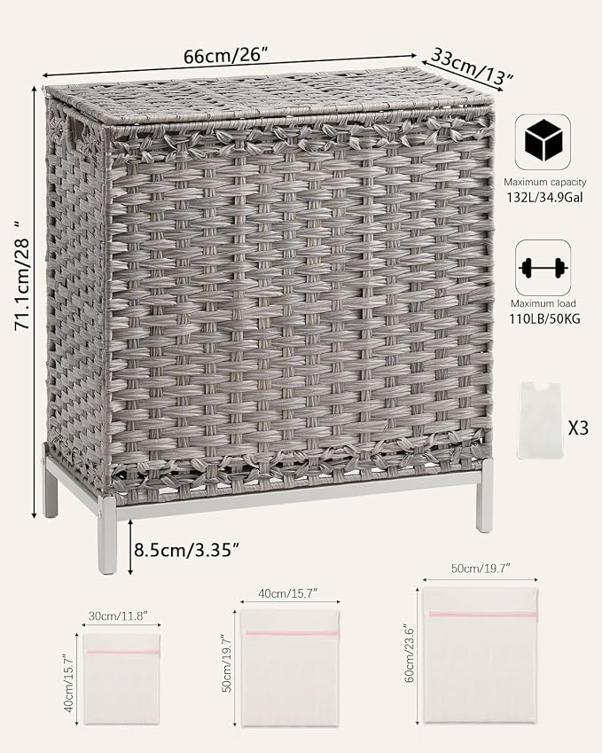 SETVSON Laundry Hamper with Lid, 35 Gal 3-Bag Clothes Sorter, Gray | Large Family Laundry Trunk with Lid, 3 Compartment Sorting Liner, 6 Wash Bags, Elevated PE Rattan Bin with Handles - Image 5