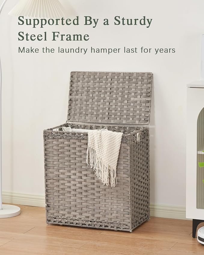 SETVSON Laundry Hamper with Lid Wicker Laundry Basket, 112L, Gray | Decorative Furniture Look for Bedroom & Bathroom, 2-Section Sorting Hamper with Lid, 2 Liners, 6 Bags, Side Handles - Image 8