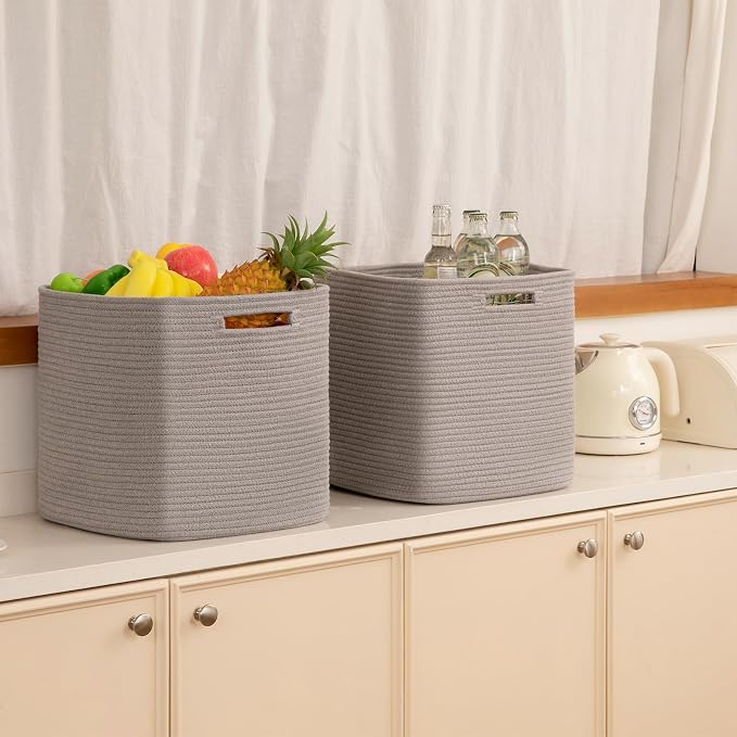 OIAHOMY 2 PACK Cube Storage Bin 13 Inch Collapsible Storage Cube Grey | Cube Storage Organizer Storage Bins for Shelves Baskets for Organizing Woven Rope Storage Baskets - Image 6