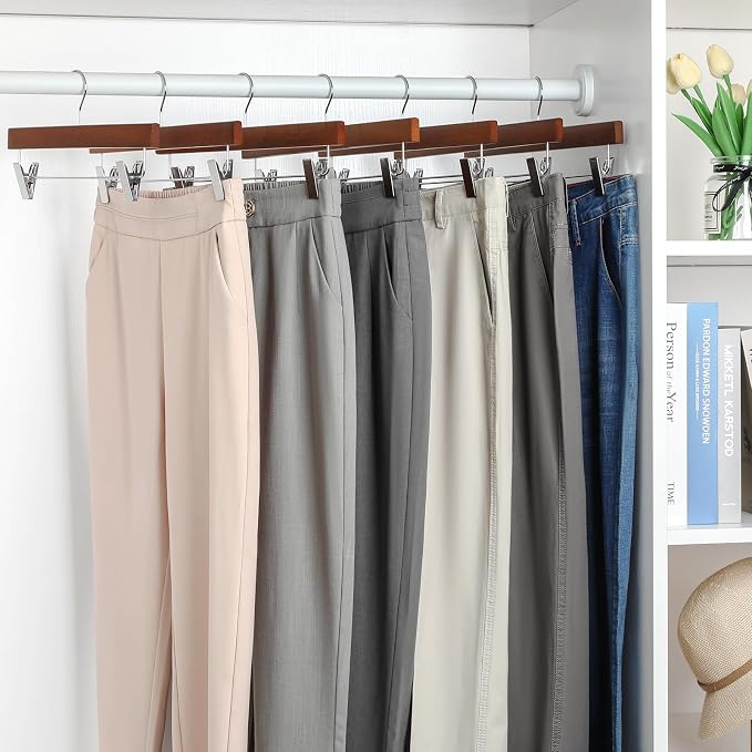 TOPIA HANGER Lotus Wood Pants Hangers, Walnut Wooden Skirt Short Jeans Trouser Hanger with Smooth Surface 360° Swivel Hook Anti Rust 2 Adjustable Clips, 10 Pack CT10PWA - Image 2