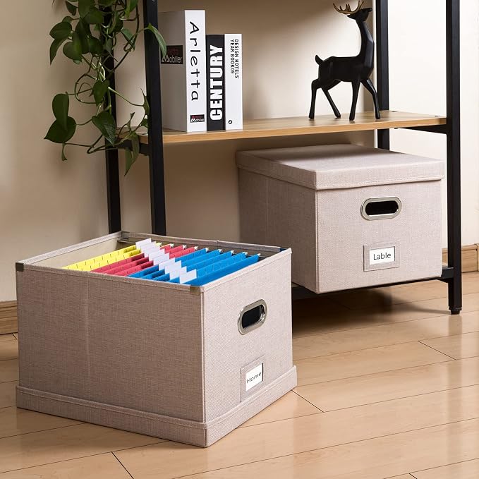 File Organizer Box - Set of 4 Collapsible Decorative Linen Filing Storage Hanging File Folders with Lids Office Cabinet Letter/Legal Size Light Grey (17x14x11.2 inch) - Image 3