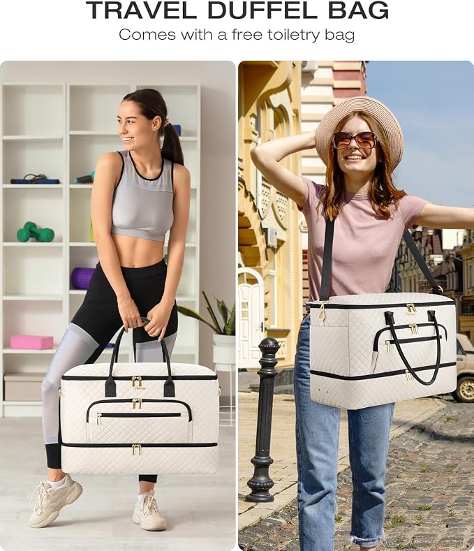 Travel Duffle Bag, Wide Open Large Weekender Bag for Women with Shoe Compartment, Carry on Overnight Bags with Toiletry Bag, Hospital Bag for Women Labor Delivery with Wet Pocket (Beige Black) - Image 7