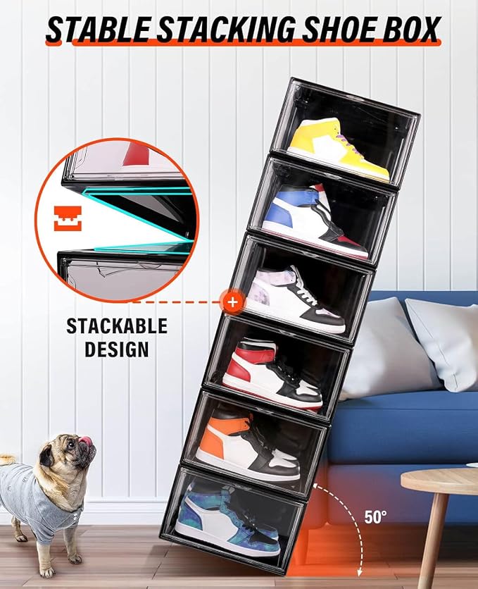 KDOR Clear Shoe Boxes Stackable, 3 Pack Shoe Storage Box with Lids Magnetic Door, Clear Sneaker Storage Acrylic Boxes for Display, Fit Shoe Size Up to US 15（Side 3 PACK BLACK） - Image 5