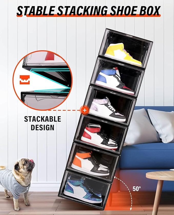 KDOR Shoe Boxes Black Plastic Stackable 10 Pack Sneaker Storage Boxes with Magnetic Door, Acrylic Display Case, Strong and Sturdy Fit Shoe Size Up to US 15（Side 10 PACK BLACK） - Image 5