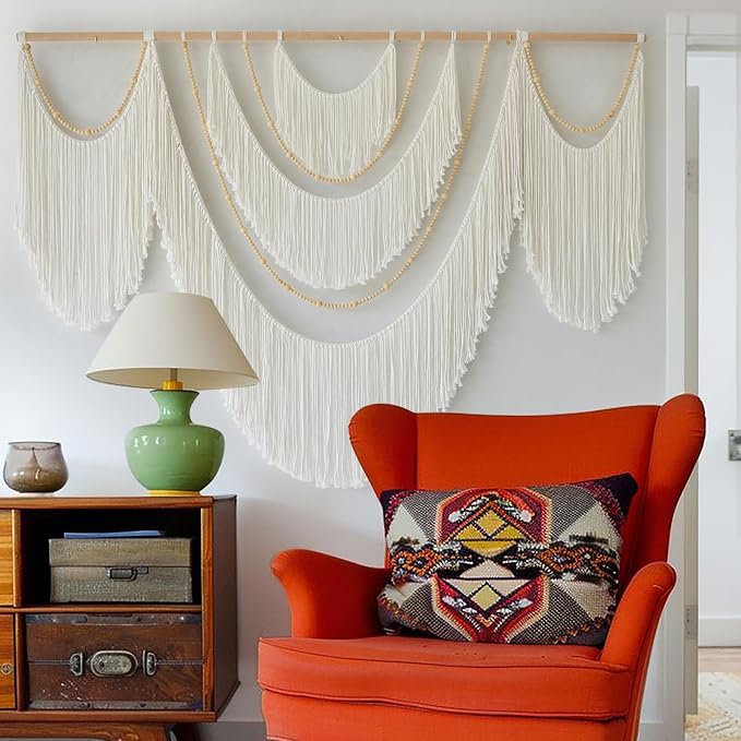 Macrame Wall Hanging Boho Yarn Art Tassel Beaded Handmade Decor 57"W*41"L | Fiber Wall Hanging, Large Wall Decor, Handmade Textile Art, Cotton Rope Craft, Beaded Tassel Accent, for Living Room Bedroom - Image 5