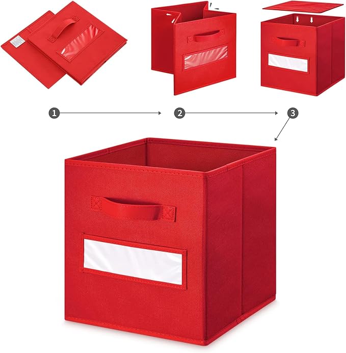 13x13x13 storage cube bins(Set of 8) Fabric storage cubes with 8 Labels Window Cards & a Pen, storage cubes 13x13, Collapsible 13 inch cube storage bins, Cubby Organizer Boxes, Red - Image 4
