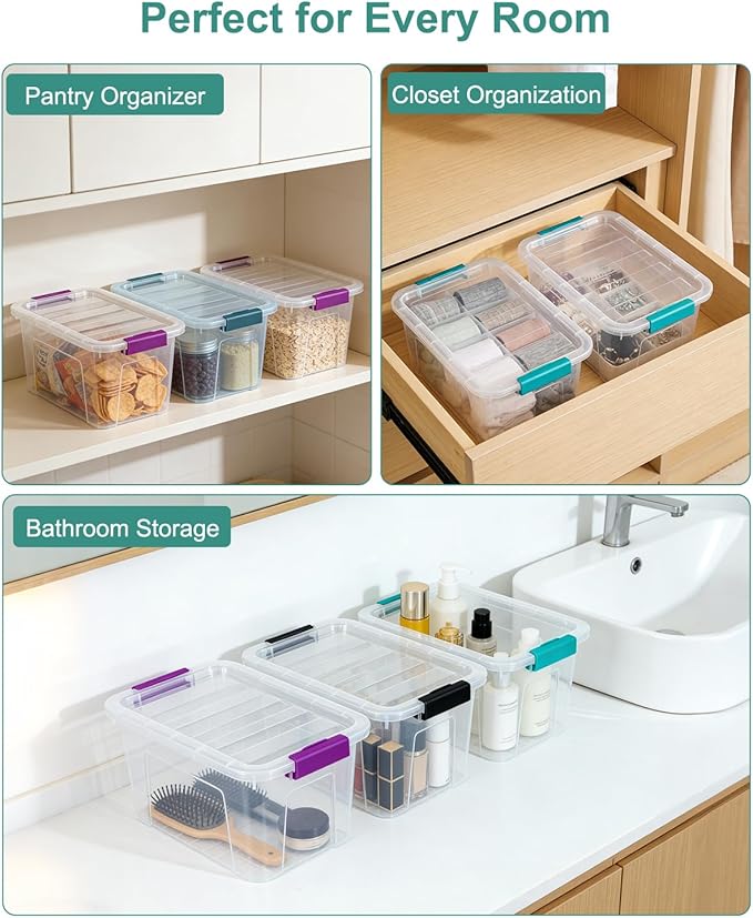 Storage Bins with Lids 6 Pack Clear Storage Containers, 7 Quart Stackable Plastic Containers with Secure Black Buckle Latch, Durable Storage Box Organizer for Pantry, Closet, Office & Classroom - Image 4