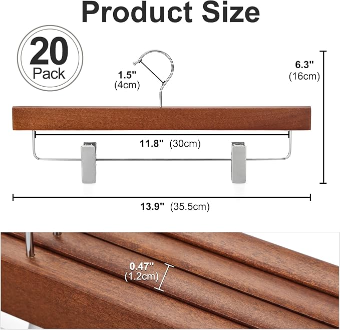 TOPIA HANGER Walnut Wood Pants Hangers, Wooden Skirt Short Jeans Trouser Hanger with Smooth Surface 360° Swivel Hook Anti Rust 2 Adjustable Clips, 20 Pack, CT10PWA20 - Image 3