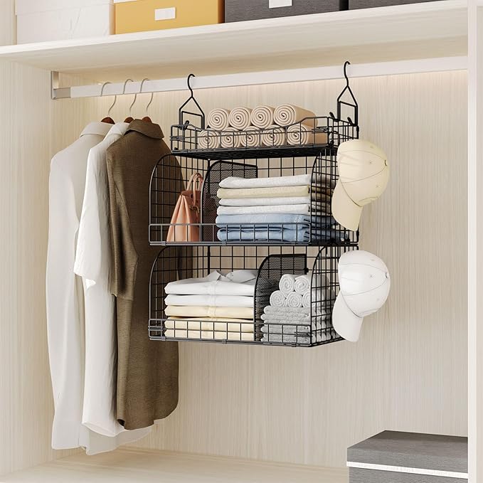 HapiRm Hanging Closet Organizer Storage - 3 Tier Metal Stackable Hanging Closet Shelves with Dividers and S Hooks, Foldable Clothes Shelves for Clothes, Pants, Shoes, Coat, Hats Clutches Accessories - Image 2