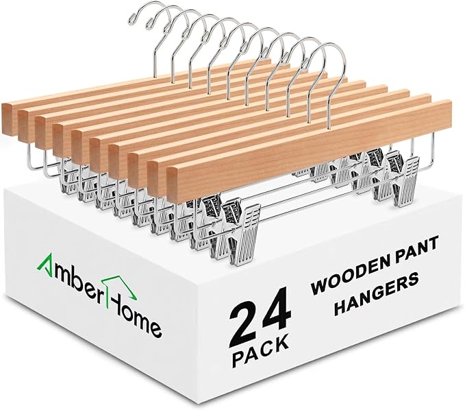 Amber Home 24 Pack Natural Wooden Pants Hangers with Adjustable Clips, 14" | Wood Skirt & Trouser Hangers, Closet Hangers for Bottom, Jeans, Slacks, Shorts by AmberHome