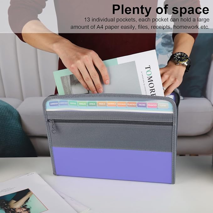 NAFY Accordion File Organizer, 13 Pockets Expanding File Folder with Zipper, A4 Letter Size Portable Accordion Expanding File Folders with 27pcs Multicolor Labels for Office School Supplies (Lavender) - Image 2
