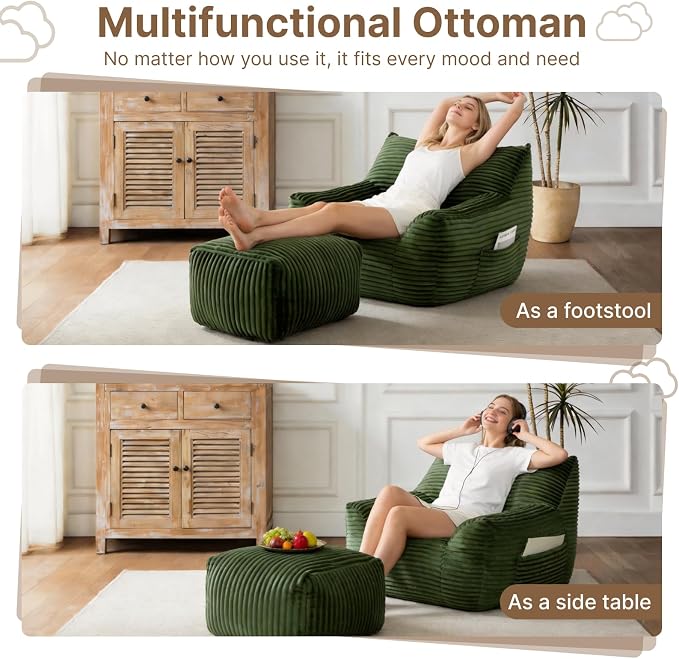Oversized Bean Bag Chair with Ottoman, Bean Bag Couch with 2 Side Pockets, Corduroy Boneless Couch Chair in a Box, Comfy Lounge Chair for Living Room, Bedroom, Dorm, Green - Image 4