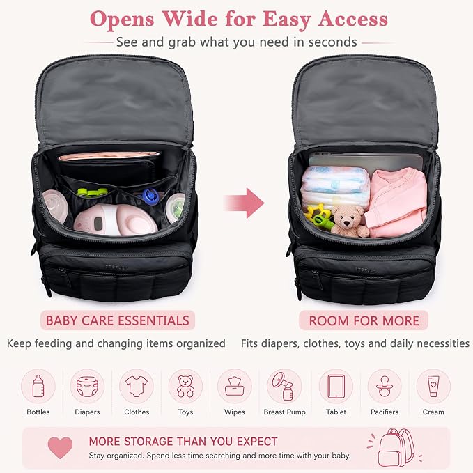 Puffy Diaper Bag Backpack for Mom, Lightweight Quilted Baby Bag with Waterproof Changing Pad, Large Travel Diaper Backpack with Insulated Bottle Pockets, Wipes Pocket, Stroller Straps - Image 3