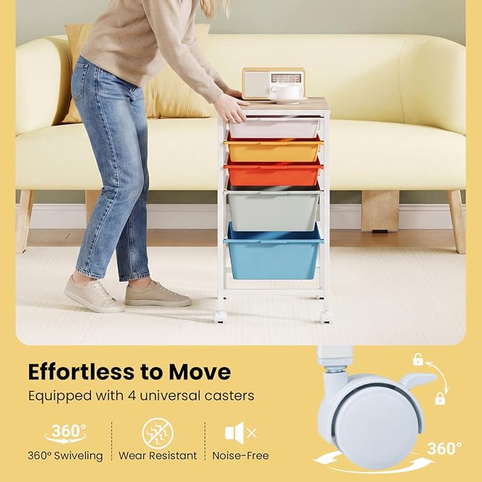 Rolling Storage Cart with 5 Drawers, Plastic Craft Organizer on Wheels with Wooden Top, Mobile Art Supply Utility Cart for Classroom, Home, Office - Image 6