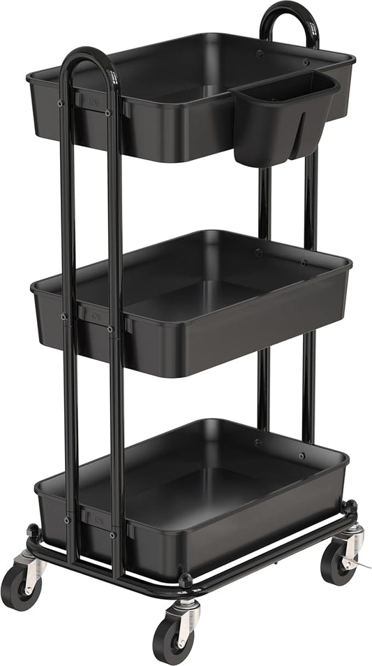 Simple Houseware 3-Tier Rolling Utility Cart with Hanging Bucket, Black | Storage for Bathroom, Kitchen, Office, Study Room, Nursery Diaper by SimpleHouseware