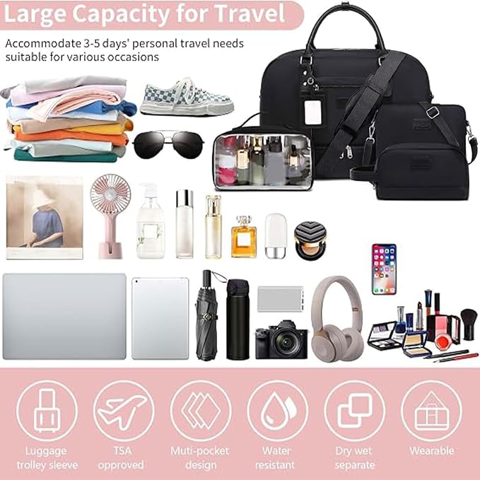 4PCS Weekender Bags for Women Large Overnight Weekend Travel Duffel Bags | Travel Bag Carry-on Tote Hospital Bag with Shoe Compartment Crossbody Toiletry Bag for Travel Business Gym Water Resistant - Image 6