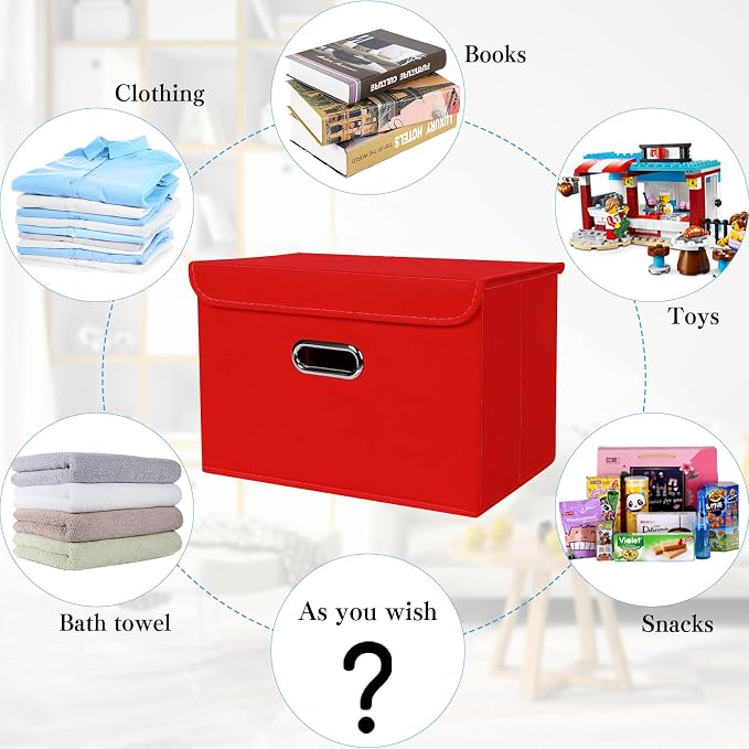 STOREONE Fabric Storage Cube Bins Foldable Organizer Container Collapsible Basket with Lids and Metal Handles, for Home, Bedroom, Closet 6 Pcs (Red) - Image 3