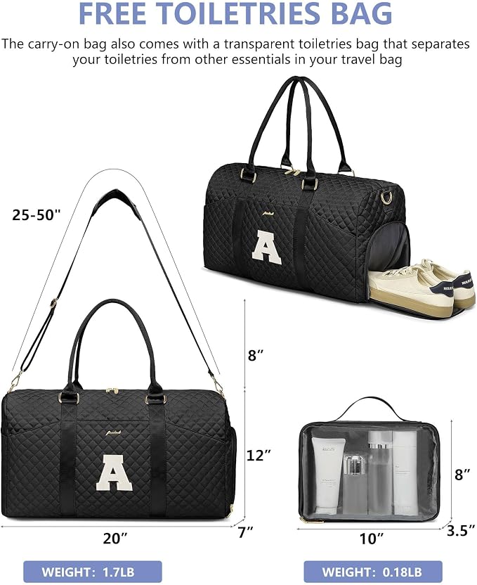 Women Weekender Travel Duffle Bag: Initial Duffel Overnight Bags with Shoe Compartment Large Carry on Tote with Toiletry Bag Weekend Traveling Yoga Gym Hospital Bag for Women with Wet Pocket Letter A - Image 2