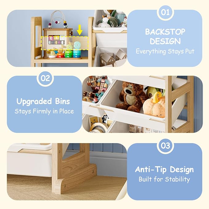 EXPERLAM Toy Storage Organizer, Toy Storage Shelf with 3 Shelves and 16 Storage Bins (12 Small + 4 Large), 3-in-1 Kids Bookshelf for Kids Rooms, Playroom, Nursery, White - Image 3