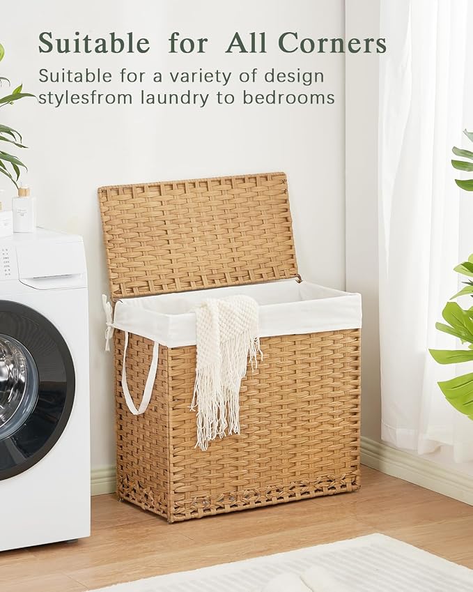 SETVSON Laundry Hamper with Lid Laundry Basket 132 L PE Rattan Natural | Decorative PE Rattan Furniture Look for Bedroom, Large Sorting Hamper with Lid, 4 Liners, 6 Mesh Bags, Steel Frame - Image 8