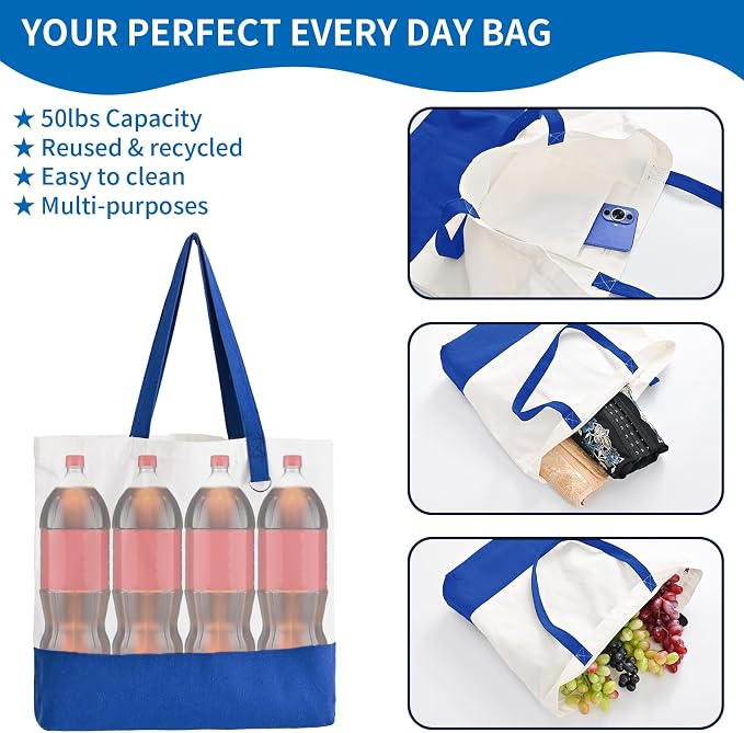 6-Pack Canvas Tote Bags with Zipper, Large Grocery Tote, Royal Blue | Reusable, washable, inner pocket, flat bottom, sturdy handle, for sublimation DIY/transfer, travel/beach/gift/Christmas craft - Image 4