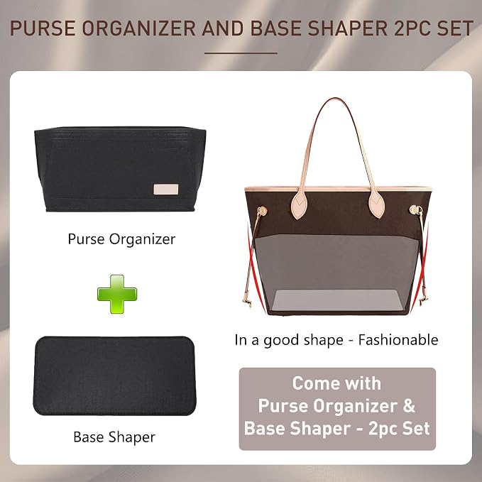 Purse Organizer Insert for Handbags & Base Shaper 2pc Set, Felt Neverfull MM Organizer Insert, Tote Bag Organizer with Zipper Pocket and Bottle Holder, Fit Speedy 30 Neverfull MM and More,Black-L - Image 3